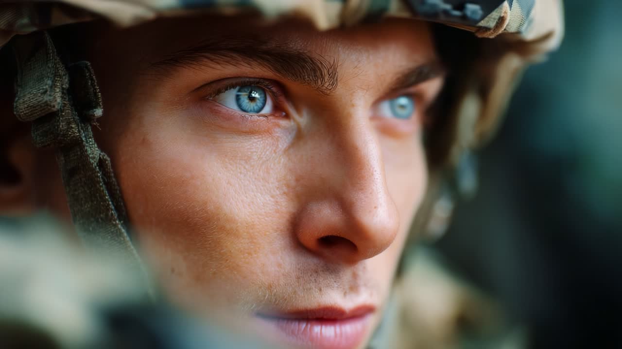 Gefocuste soldaat kijkt vooruit, klaar voor de missie, de essentie van vastberadenheid, kracht en moed vastleggend in een close-up portret van het militaire leven