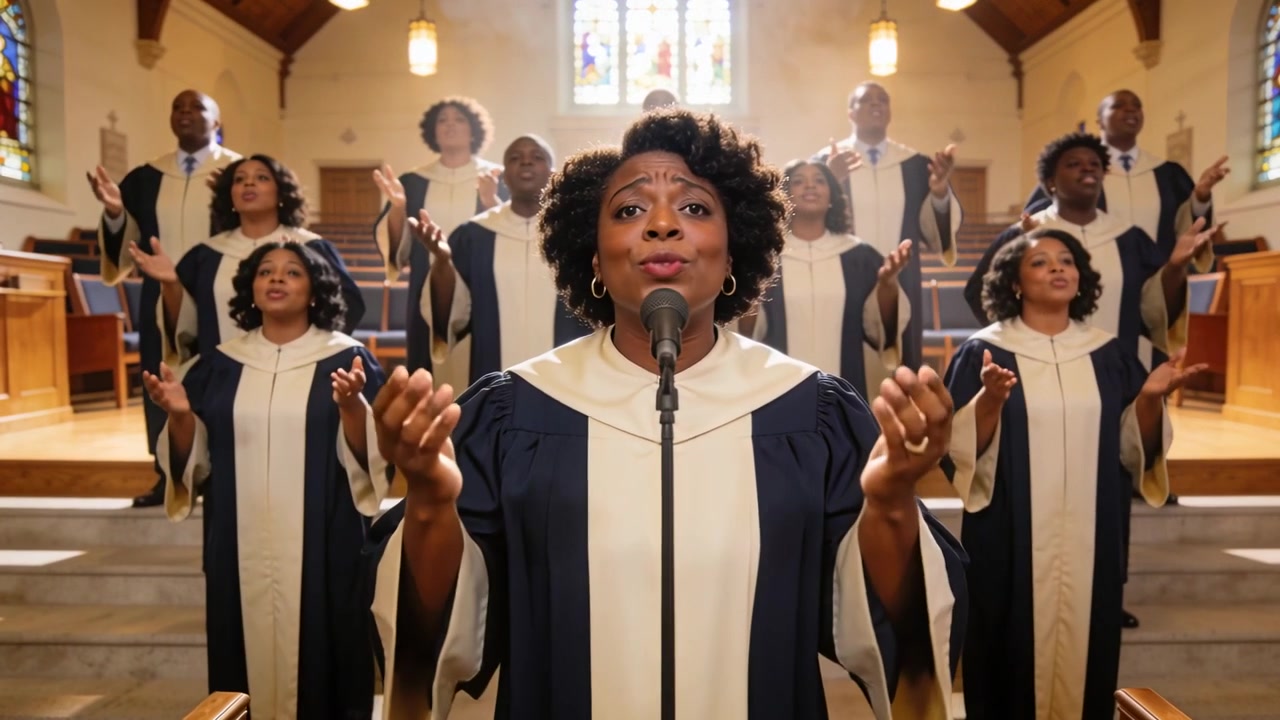 Cantante solista che indossa abiti da coro, canta sull'accordo iniziale e proietta la voce nel microfono in chiesa per il culto.
