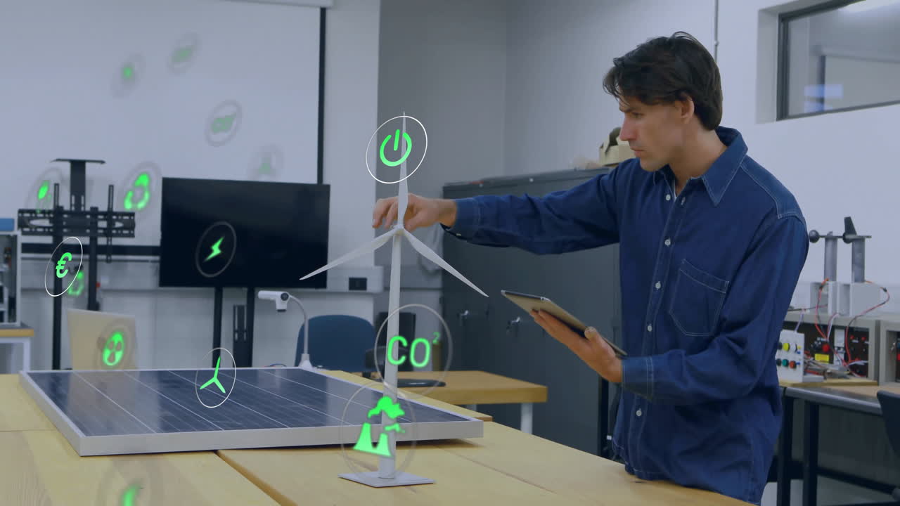 Engineer examining renewable energy models in research lab, displaying AR sustainability icons