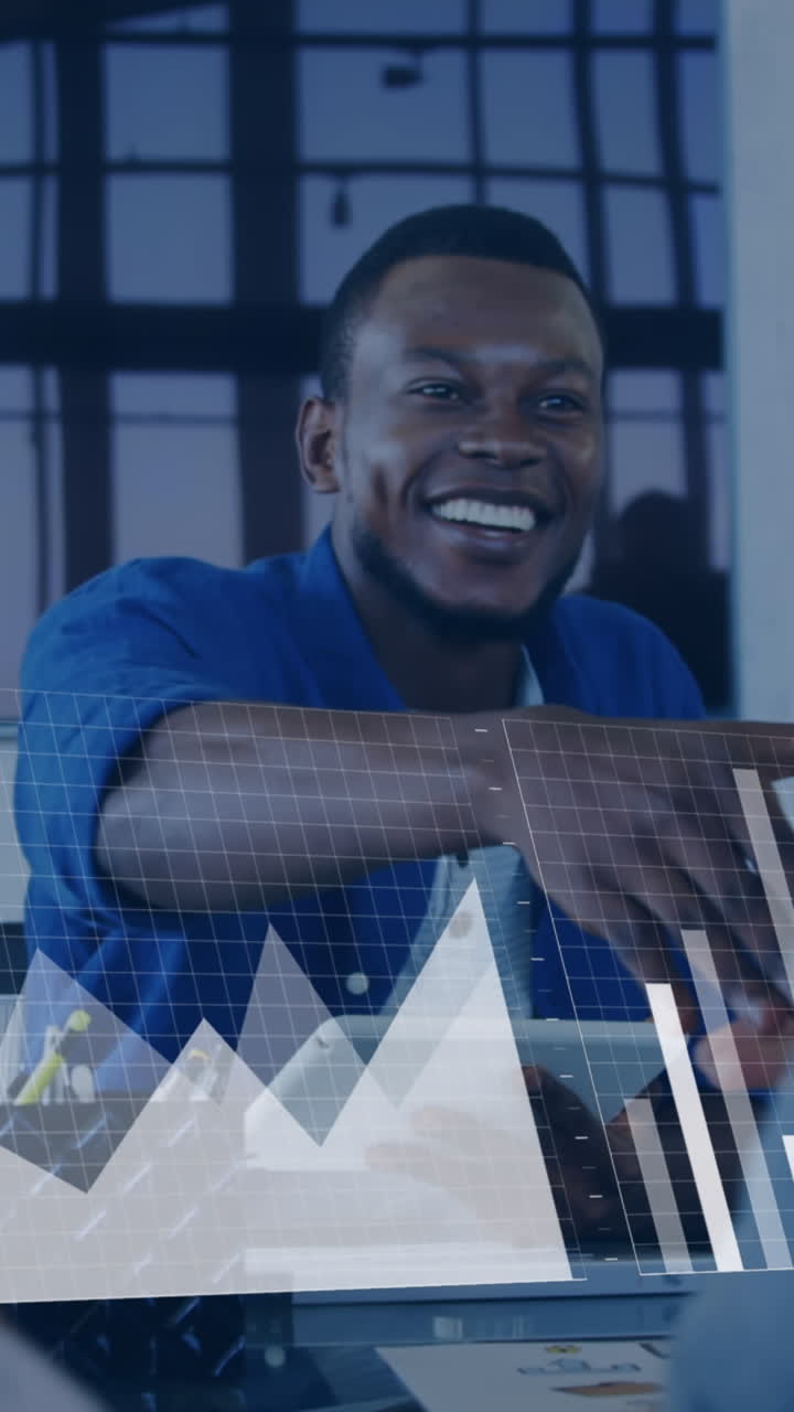 Animation of financial data processing over diverse group of business people