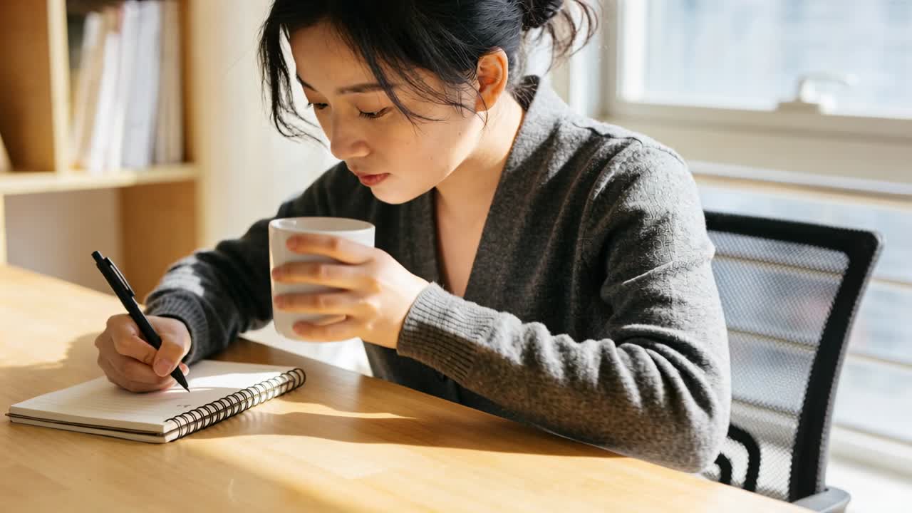 Writing woman wearing grey sweater at home study, with pen on spiral notebook and sipping mug