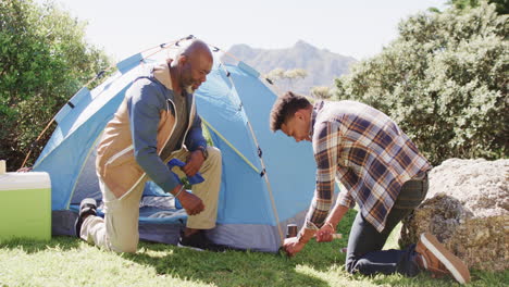 happy african american father and son pitching tent together in sunny countryside, slow motion