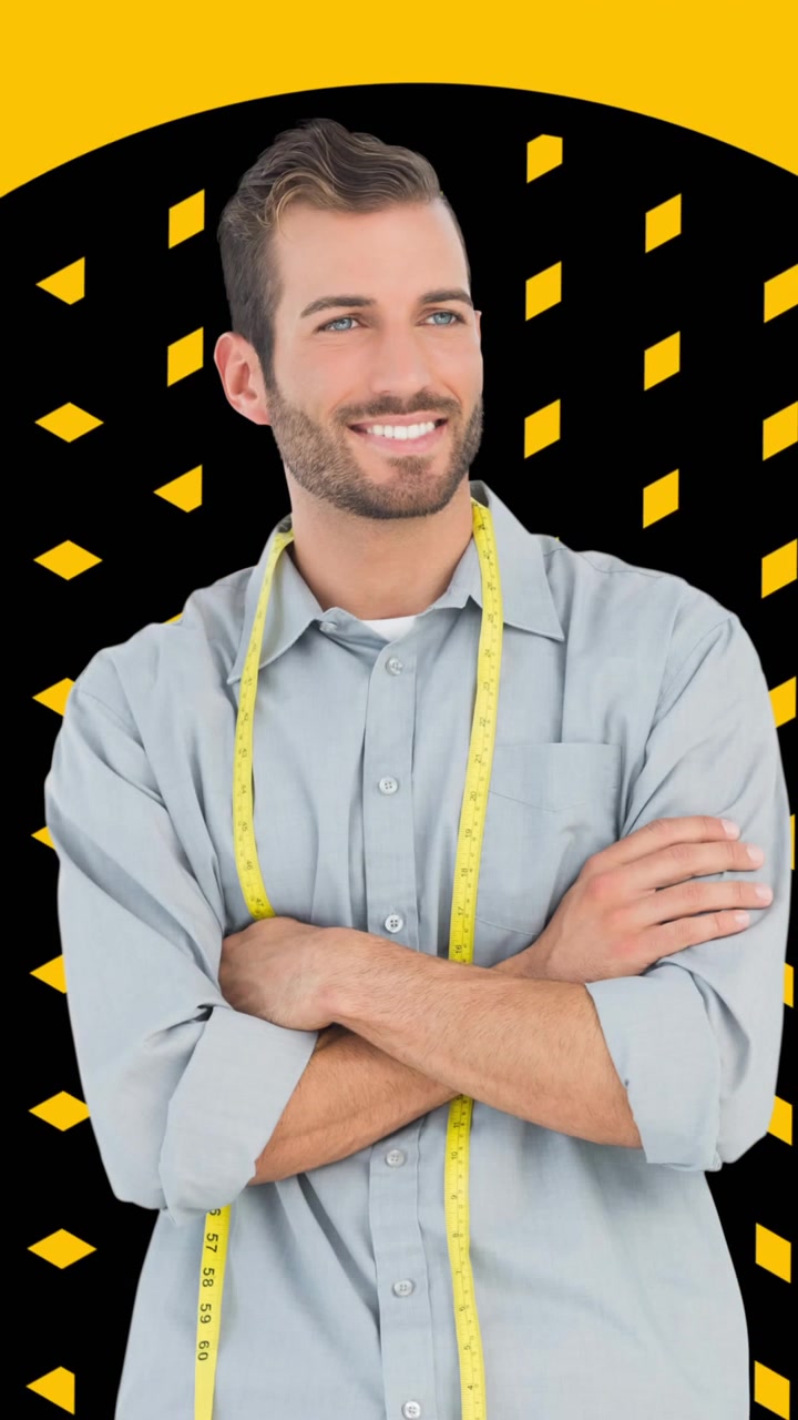 Animazione di stilista di moda uomo che sorride su sfondo giallo