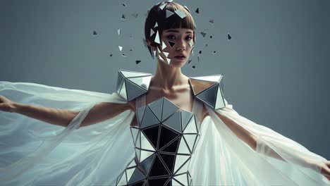 a captivating exploration of self and identity, featuring a figure adorned in a stunning ensemble of reflective geometric shapes that evoke both beauty and fragmentation