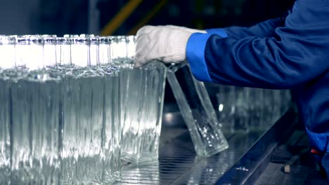 glass-house employee is moving glass bottles along the transporter