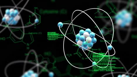 Animation-of-atom-model-spinning-and-data-processing-on-black-background