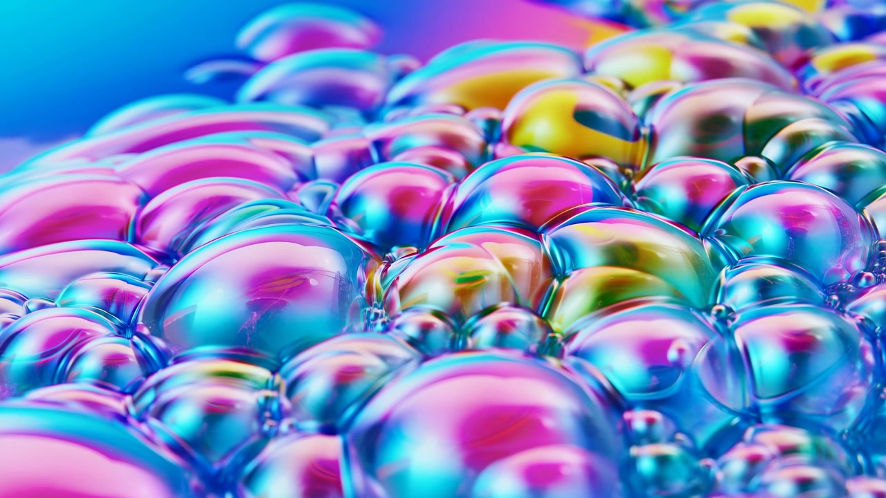 Bolle di sapone iridescenti con riflessi arcobaleno in macro, schiuma lucida sotto illuminazione neon vaporwave, e gradienti pastello.