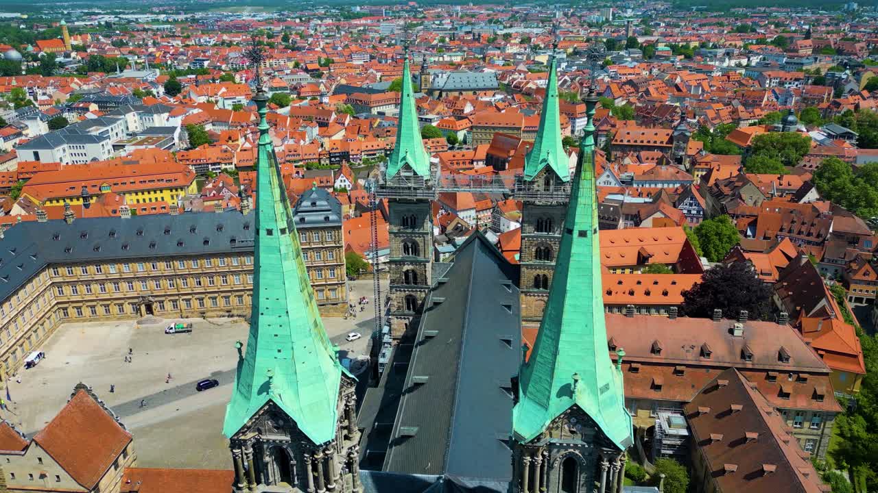 4K Aerial Drone Video of the Beautiful Copper Spires on the Bell Towers of the Bamberg Cathedral in the Old Town area of Bamberg, Germany