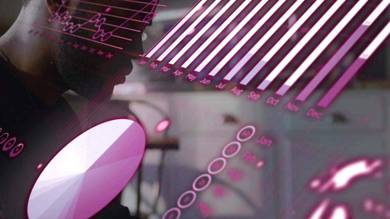 man tapping phone at table, monitoring analytics as magenta charts overlaying frame showing profile