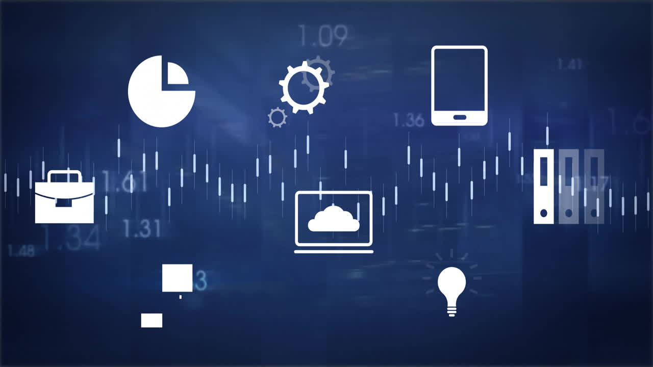 Business icons including pie chart, gears, and light bulb over timeline animation