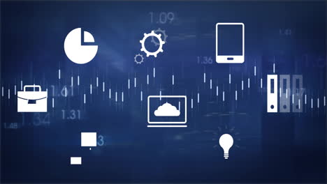 business icons including pie chart, gears, and light bulb over timeline animation