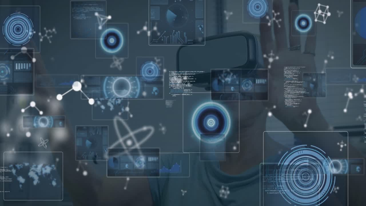 animación del procesamiento de datos digitales y la interfaz digital sobre la persona que utiliza auriculares vr
