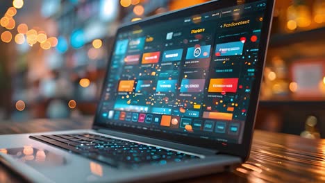 laptop displaying a complex digital interface with blurred background lights
