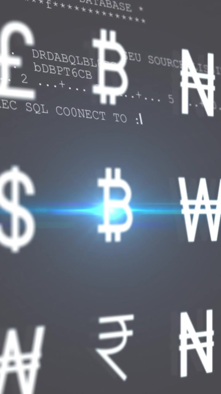 Animação de múltiplos símbolos de moeda em movimento e reflexo de lente sobre linguagem de computador na tela.