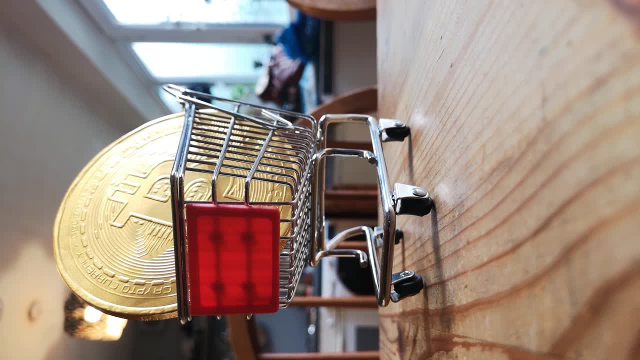 Vertical clip: Gold bitcoin crypto currency in tiny shopping cart on kitchen table concept low angle dolly left
