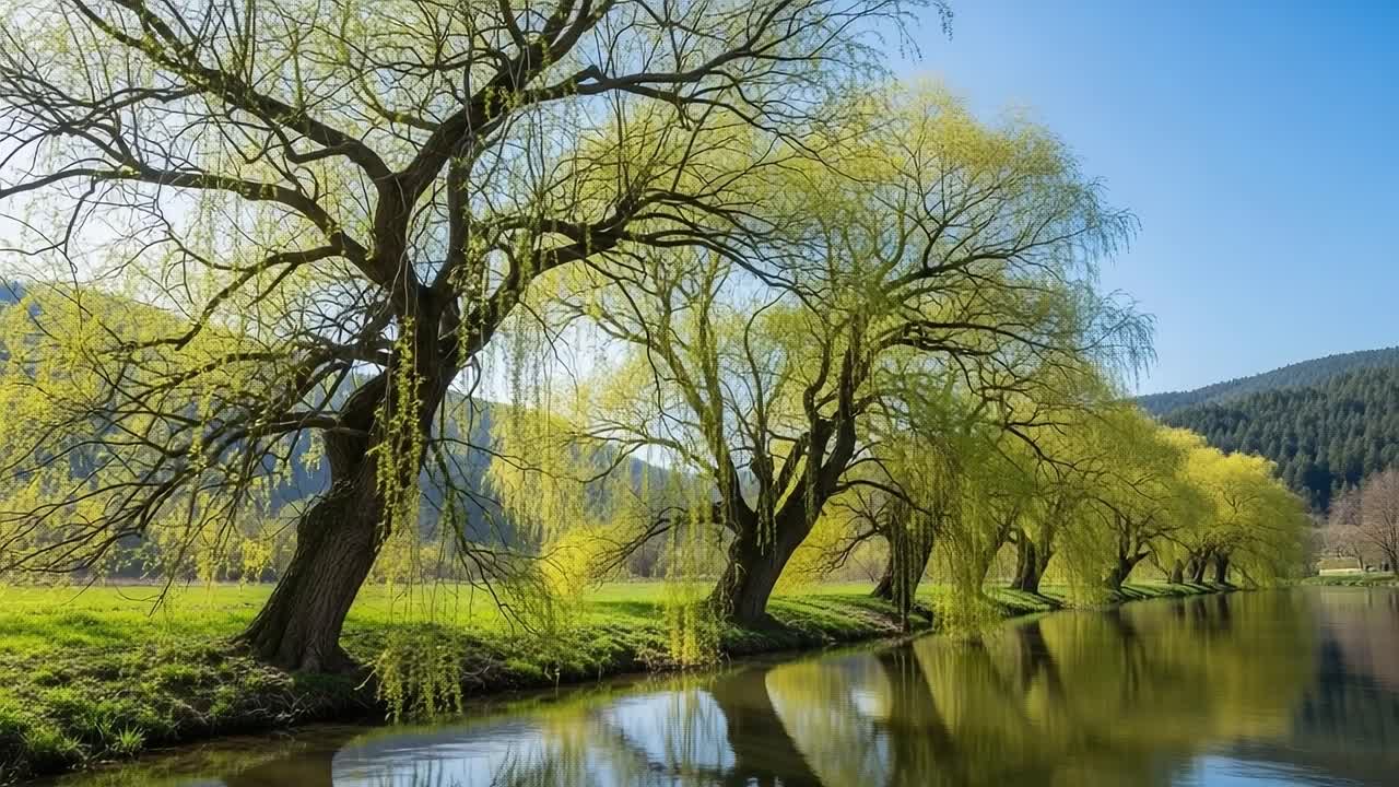 Serene Landscape of Wispy Willow Trees Reflecting in Tranquil Waters under Clear Blue Sky - A Peaceful Retreat into Nature's Beauty