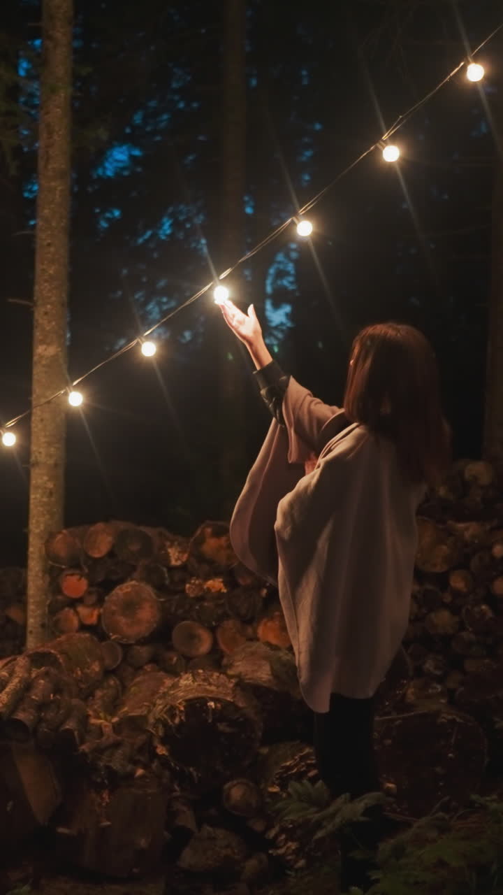 mujer solitaria toca bombillas guirnalda en el bosque. paseo de la hembra alrededor de la casa de campo antes de acostarse. hora de la noche y la iluminación colgando de los árboles cerca de la tienda de campamento