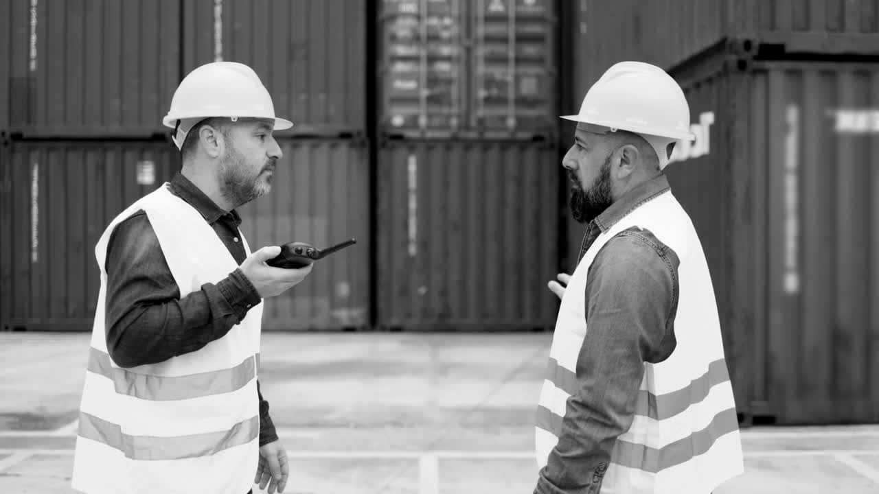 ingeniero industrial personas que trabajan en la terminal de logística de carga de contenedores puerto - enfoque en el hombre correcto cara - edición en blanco y negro
