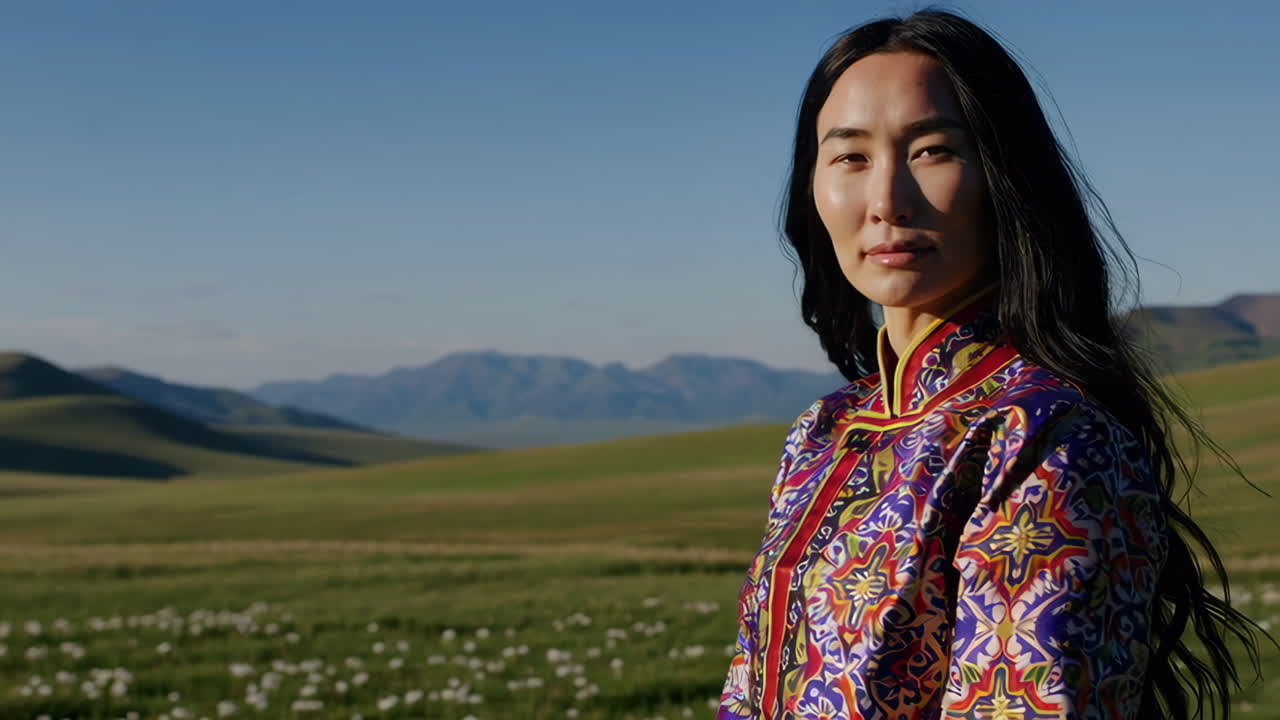 Asian Woman in Traditional Clothing in a Mountainous Landscape