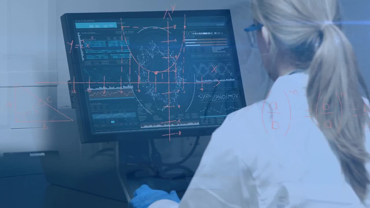 animación de ecuaciones matemáticas sobre una doctora caucásica