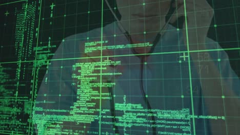 animación del procesamiento de datos en una pantalla digital sobre un médico caucásico con un estetoscopio