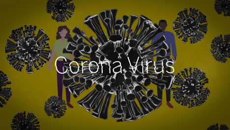 animation of covid 19 cells over corona virus text