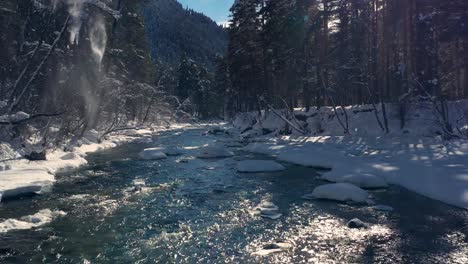 Schöner-Schneeszenenwald-Im-Winter.-Überfliegen-Von-Fluss--Und-Kiefernbäumen,-Die-Mit-Schnee-Bedeckt-Sind.