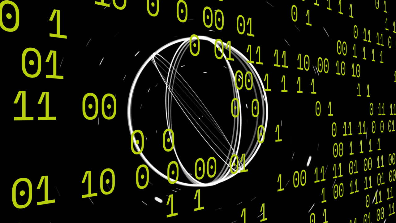 animación de círculos en movimiento sobre códigos binarios contra un fondo negro.