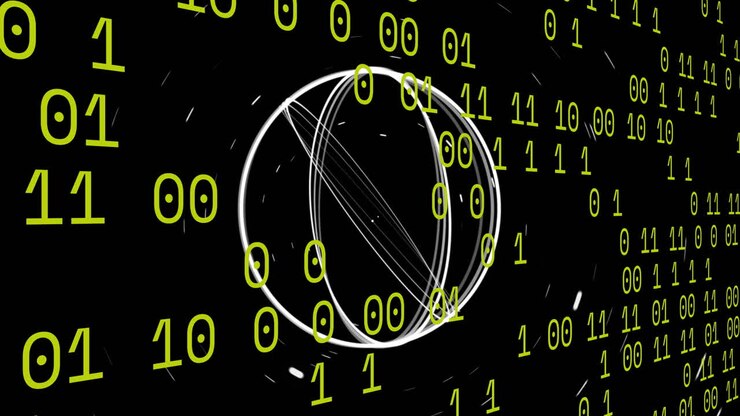 Animation of moving circles over binary codes against black background