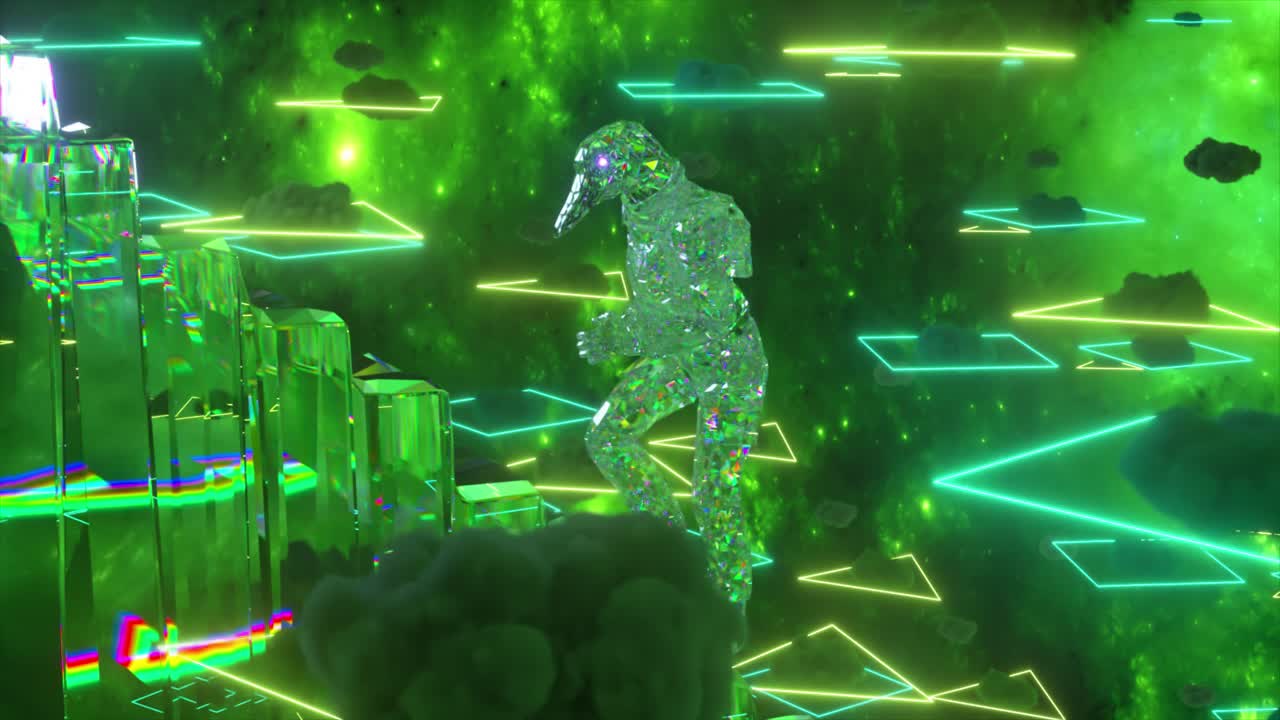 크리스탈 옷을 입은 인물이 네온 녹색 은하계를 고 올라갑니다.