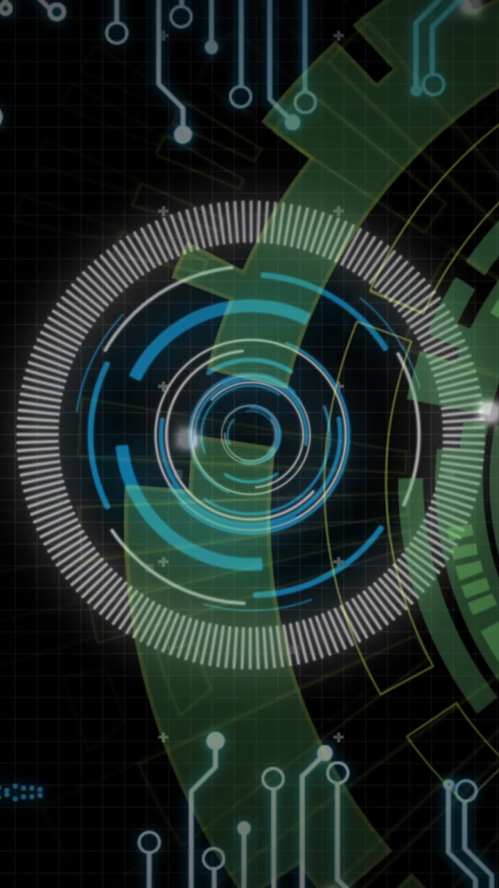 Animation of round scanner, microprocessor connections and data processing on black background