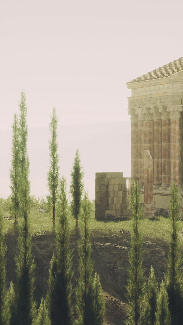 Majestic ancient temple surrounded by lush greenery at sunrise