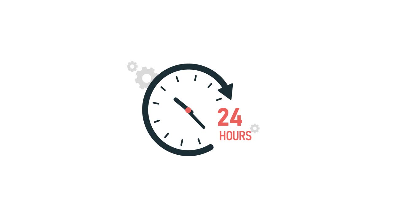 Animated 24 Hours Clock Icon with Rotating Gears