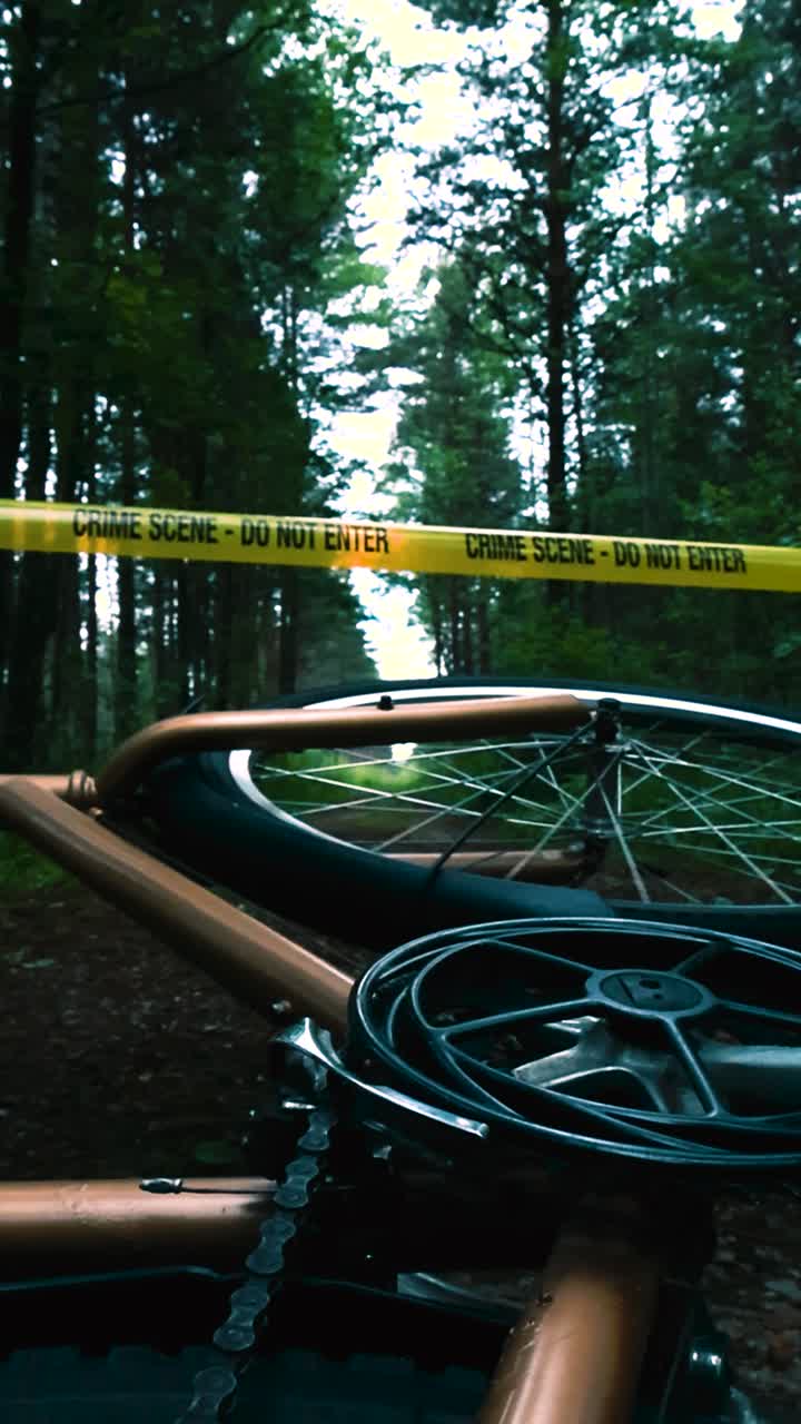Low angle footage of a golden and bronze colored bicycle on a rural countryside forest cloudy road with a yellow Crime scene ribbon tape hanging over it. Bike wheel is spinning indicating a crime.