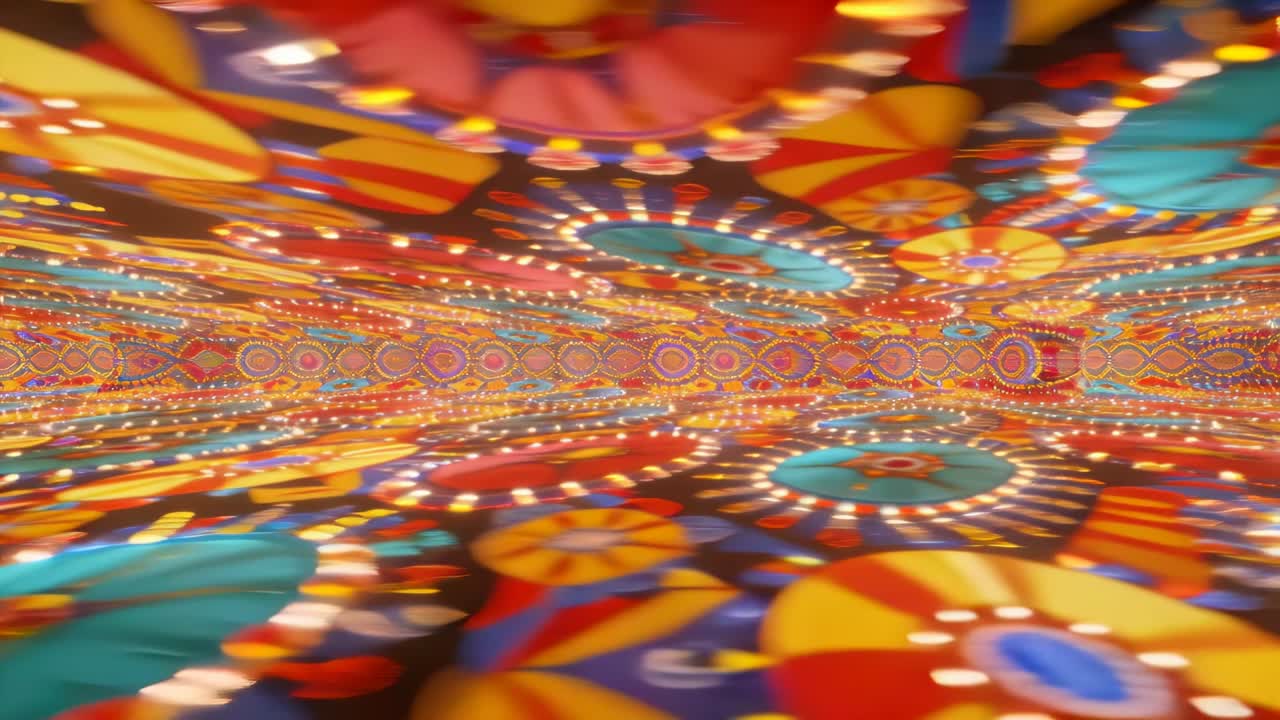 Camera a mano in movimento rivela una stanza rivestita di specchi, mostrando dischi floreali e anelli di luce.