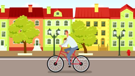 flat cartoon stick figure color man character ride bicycle around the old town with luma matte