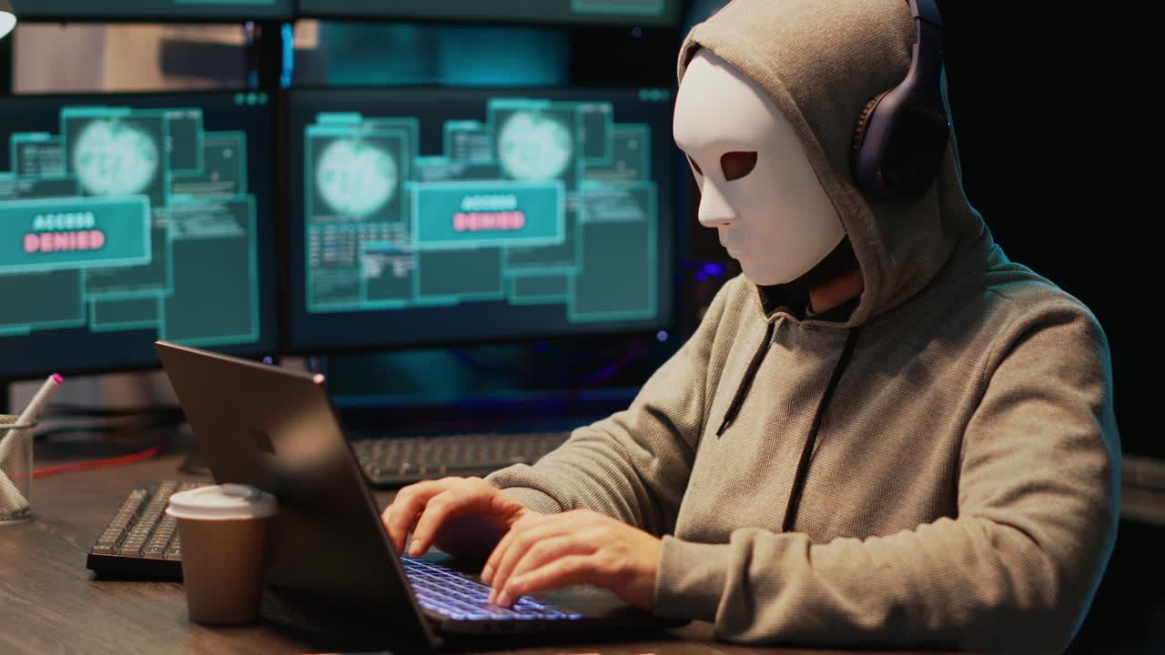 Anonymous Hacker Coding on Laptop