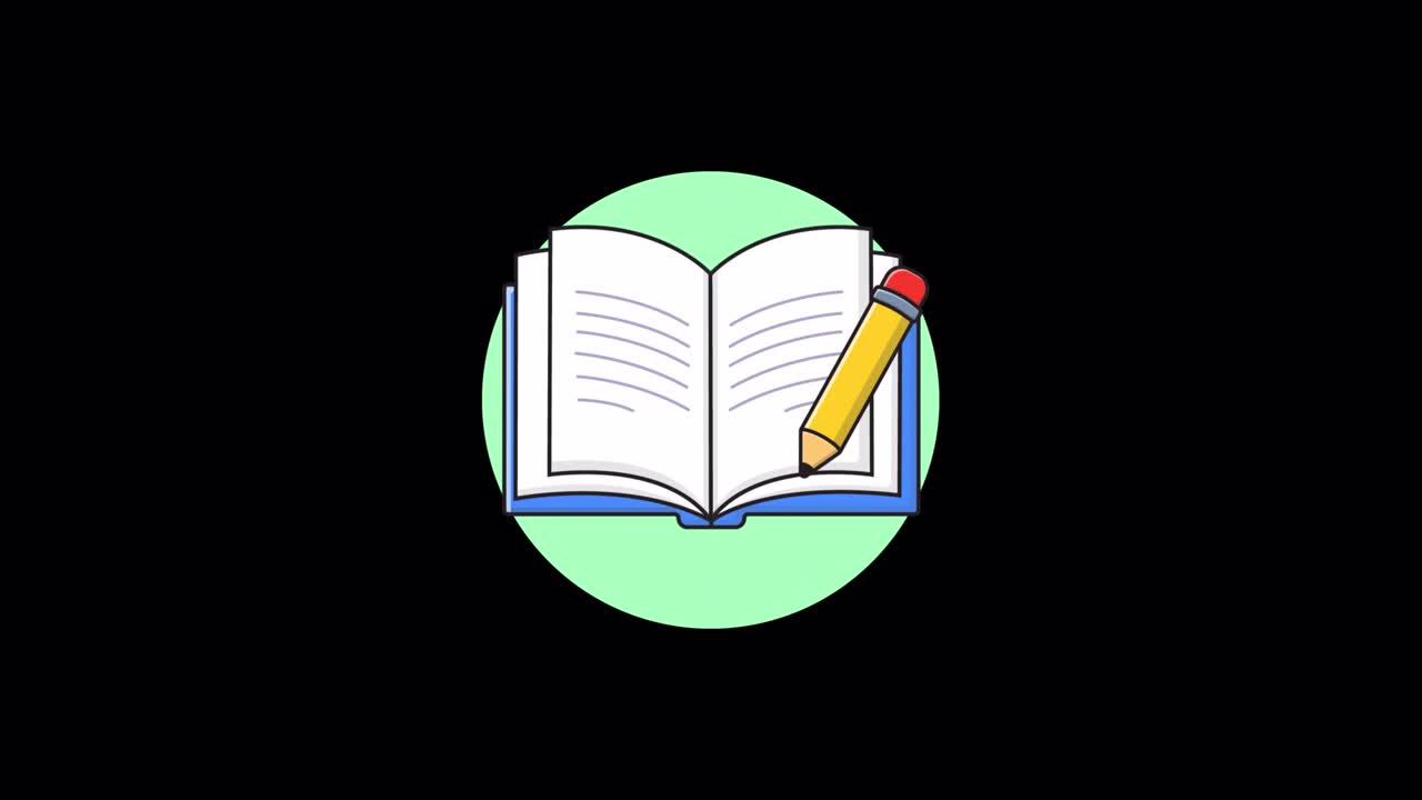 Ilustración animada de un libro abierto y un lápiz