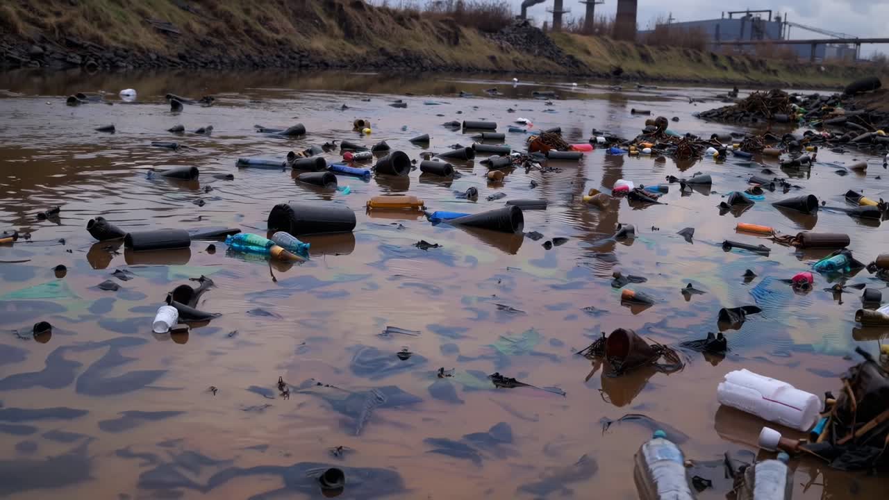 Prise de vue vidéo grand angle d’une rivière polluée avec des déchets flottants, une toile de fond industrielle et un ciel couvert
