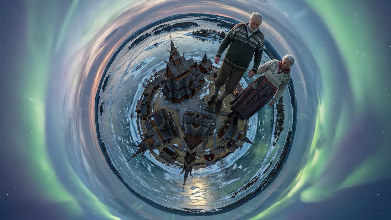 Senior Couple Holding Hands on Tiny Planet with Northern Lights