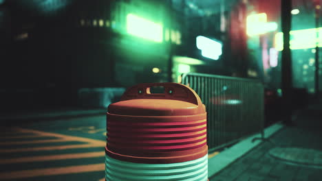 a traffic cone at night in a futuristic city