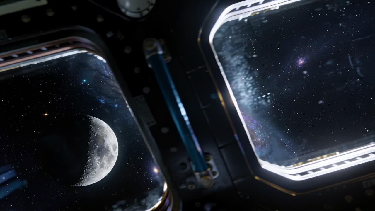Mostra un oblò a cupola che incornicia una luna crescente in basso a sinistra e il centro della galassia in orbita, con cornice metallica.