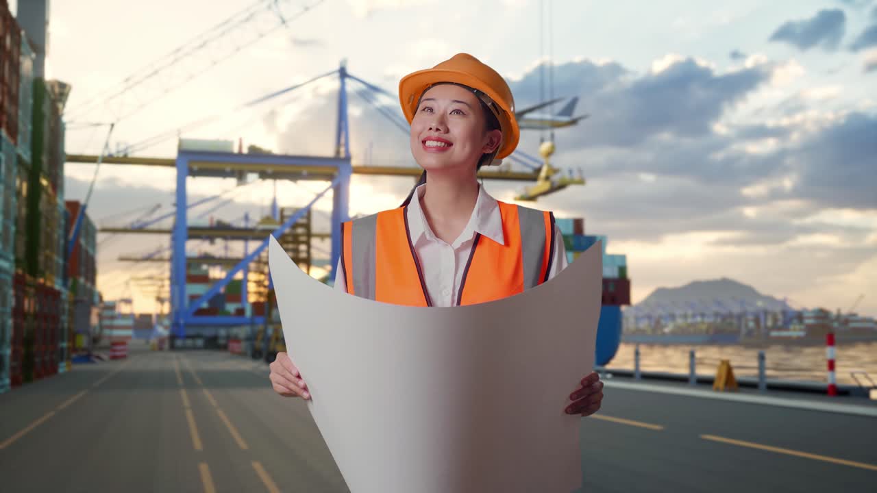 Ingeniera asiática con casco de seguridad mirando un plano en sus manos y observando a su alrededor, de pie en el puerto con un buque portacontenedores y grúas al atardecer.