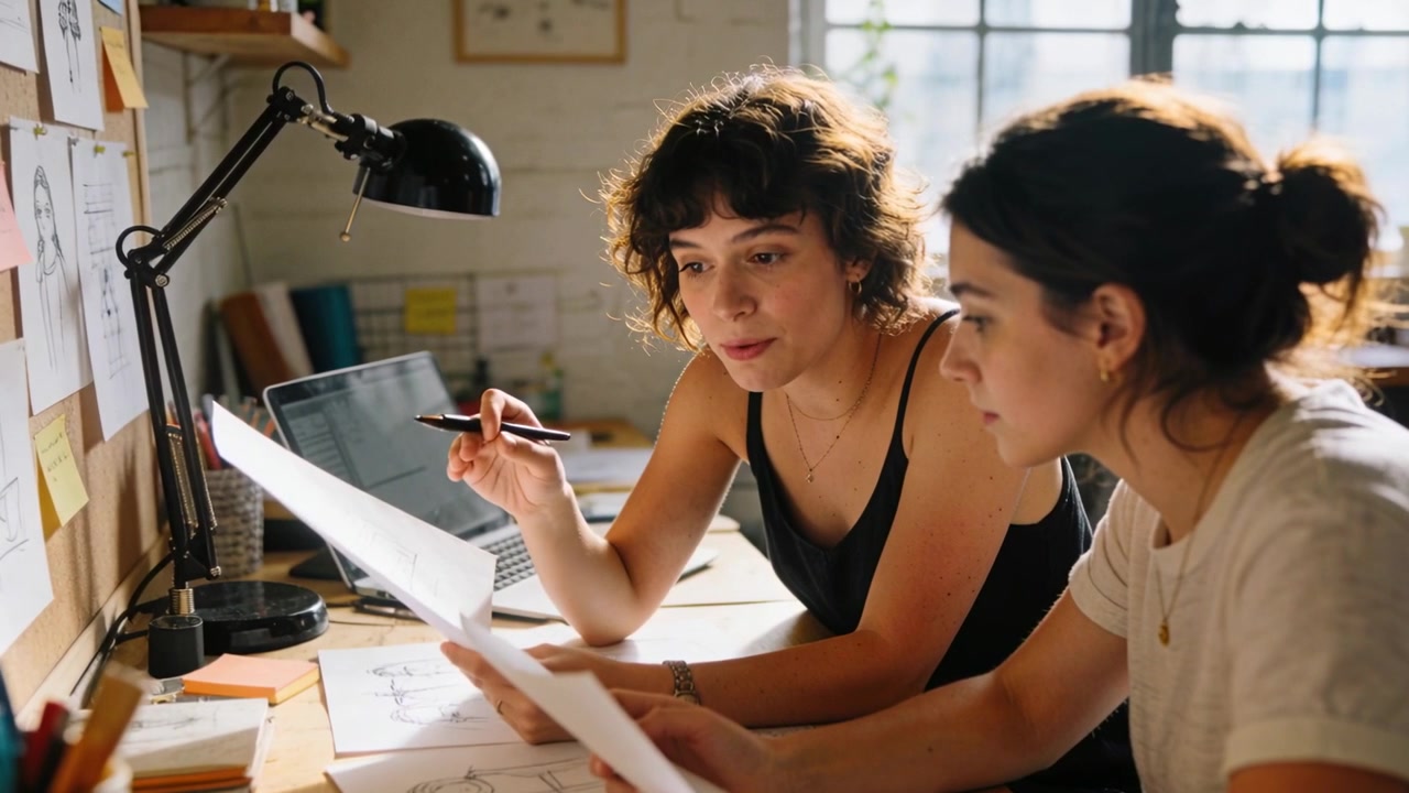 Pointing curly woman in black tank explaining sketches at studio desk to refine designs, with pen