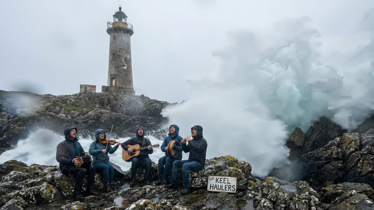 Gruppo folk che suona musica tradizionale su una costa tempestosa vicino a un faro