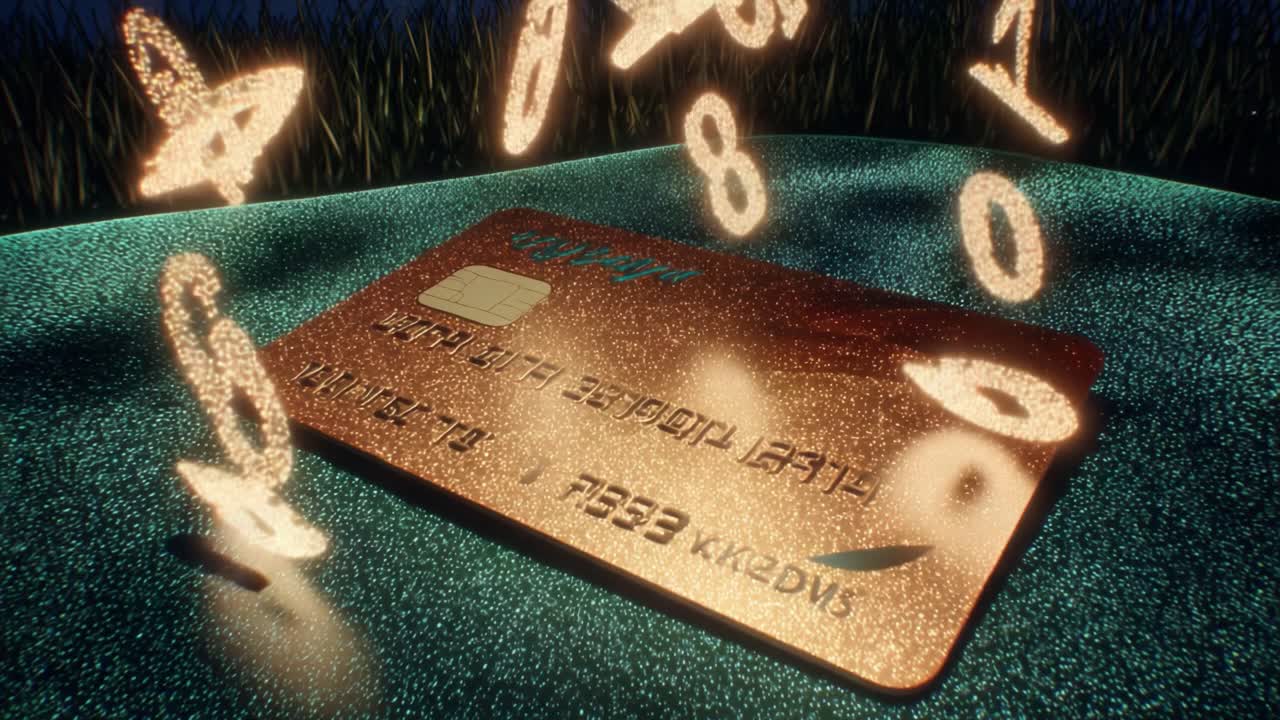 Glowing binary numbers of sparkling particles cascade onto a shiny glitter credit card, symbolizing digital finance, online payments, secure transactions and futuristic electronic banking
