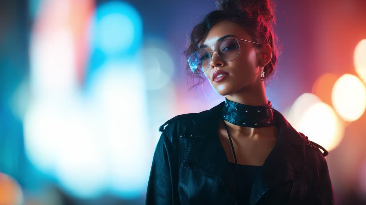 Stylish woman in urban nightlife, featuring striking accessories and a fashionable leather jacket, illuminated by vibrant city lights creating a captivating atmosphere