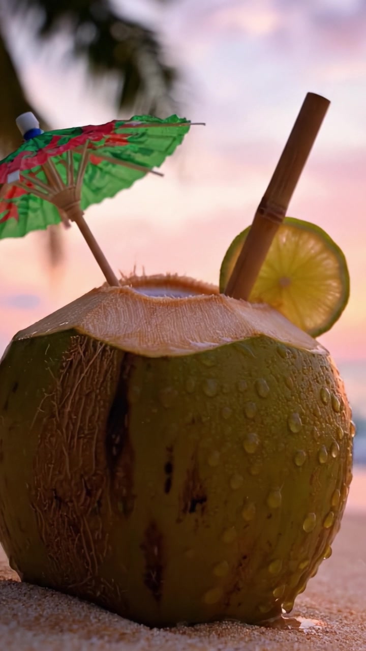 Refreshing Coconut Drink with Umbrella and Straw against a Tropical Sunset, Capturing the Essence of Summer Relaxation and Blissful Island Vibes