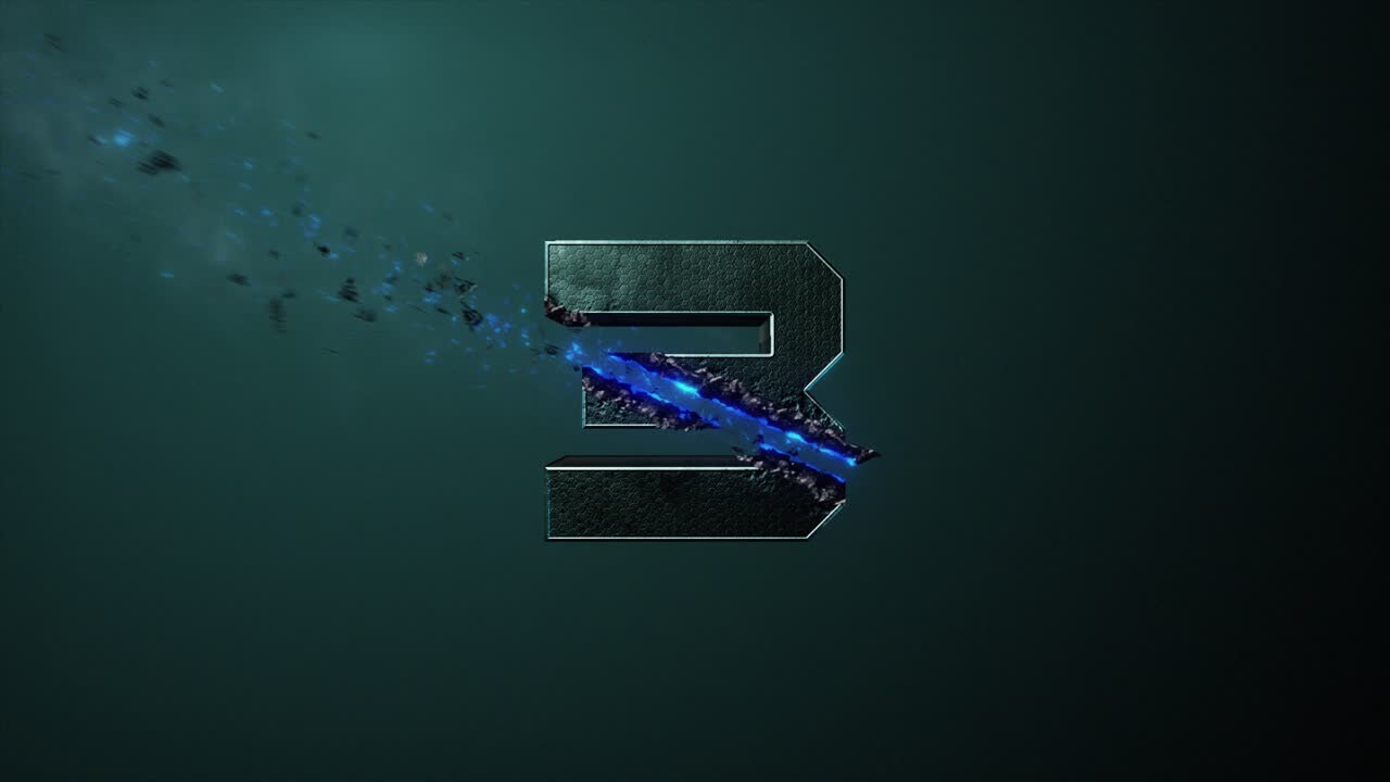 Animazione 3D di alta qualità di una title card con un numero o una grafica di capitolo, con uno stile fantascientifico hi-tech: un numero a 3 cifre viene colpito e tagliato da un laser ad alta potenza, su uno sfondo color teal.