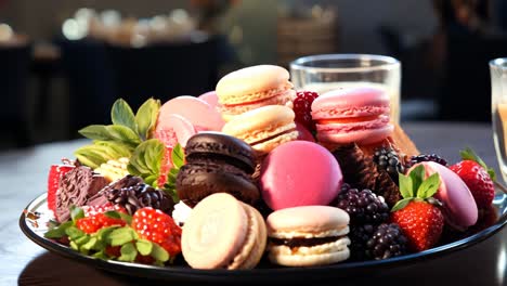 colorful macarons and fresh berries arranged on a black platter